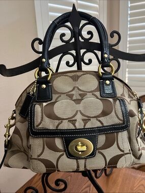 Coach Beige and Dark Brown Signature Canvas Satchel with Gold Hardware